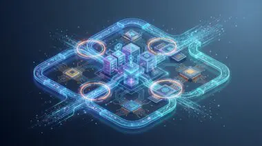 Futuristic isometric network of glowing data streams, microchips, and servers representing 99.8% accurate enterprise automation