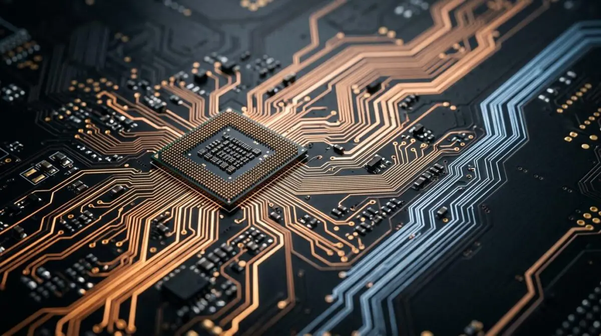 Macro view of advanced motherboard with glowing CPU, symbolizing two-year AI chip gap between Huawei and Nvidia and market data shift.