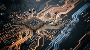 Macro view of advanced motherboard with glowing CPU, symbolizing two-year AI chip gap between Huawei and Nvidia and market data shift.