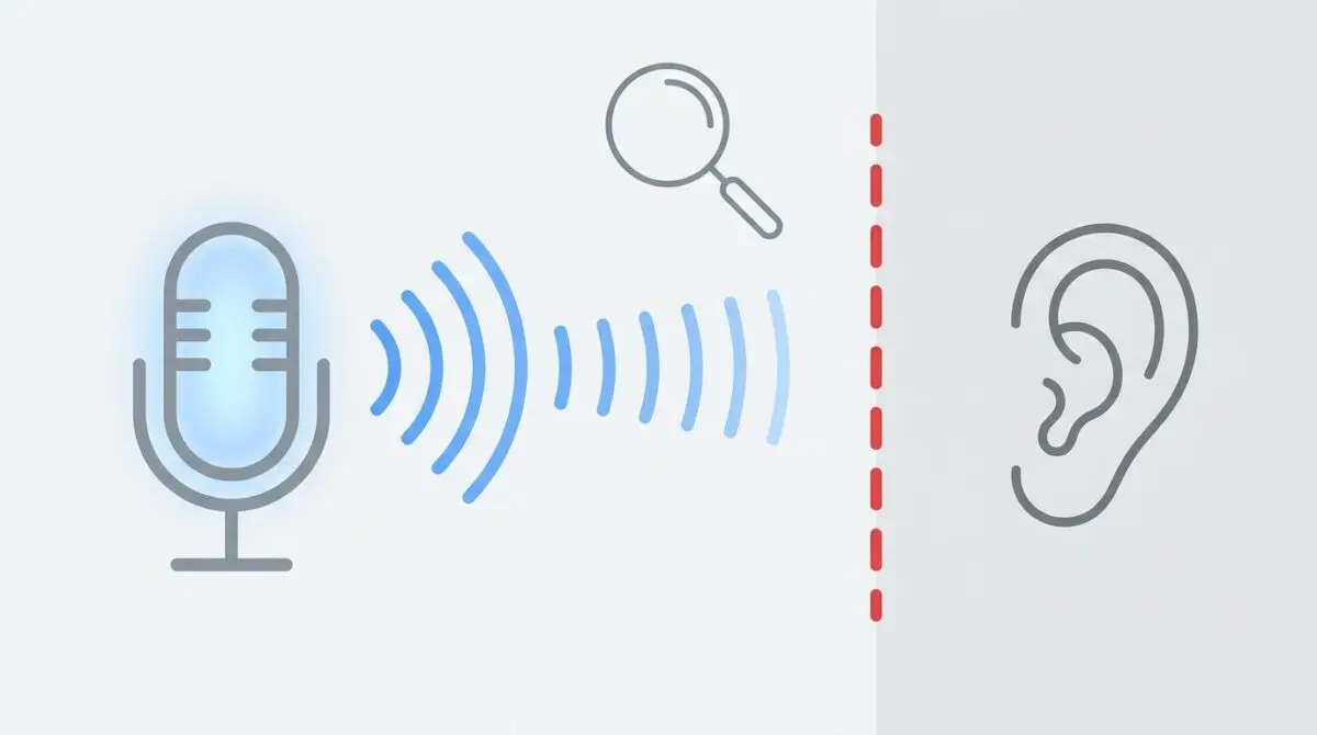 Glowing microphone emitting blue sound waves hitting a red broken line before a stylized ear, with a magnifying glass showing a gap, symbolizing Voice AI's blind spots in HumeAI's benchmark.