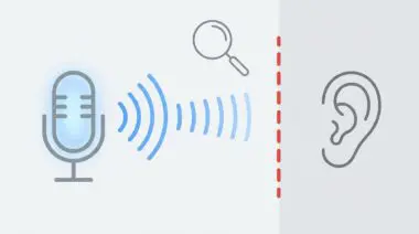 Glowing microphone emitting blue sound waves hitting a red broken line before a stylized ear, with a magnifying glass showing a gap, symbolizing Voice AI's blind spots in HumeAI's benchmark.