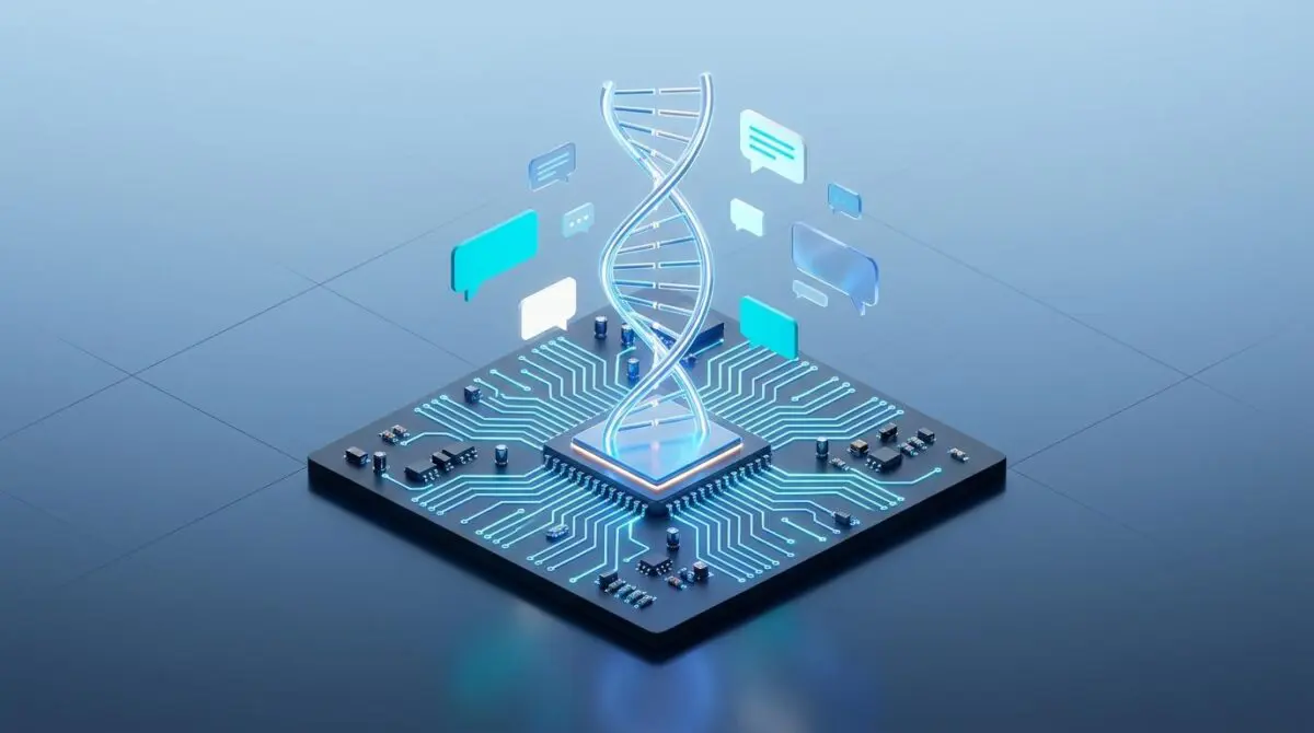 Isometric circuit board with glowing pathways, central processor, DNA helix, and floating chat icons representing AI cost optimization and n8n automation efficiency.
