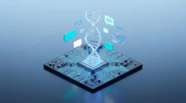 Isometric circuit board with glowing pathways, central processor, DNA helix, and floating chat icons representing AI cost optimization and n8n automation efficiency.