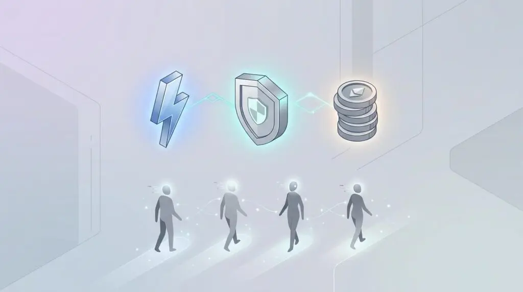 Isometric lightning bolt, shield, coin icons floating above AI agent silhouettes with connecting lines, representing Gemini 3.6 Flash speed, security, cost.