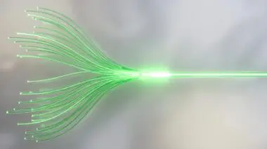 Glowing green fiber optic cables converging into bright stream representing kernel fusion for 3x GPU speedup, abstract 3D render, pastel background