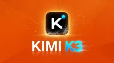 Kimi K3 AI model logo featuring a glowing letter K icon on a bright orange geometric background.