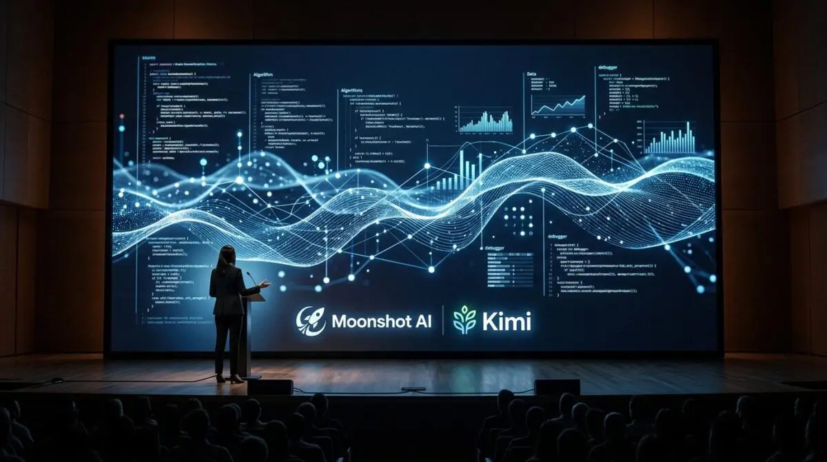 Presenter beside screen with Moonshot AI and Kimi logos, wave for 2.8T parameters and code debate, audience silhouettes.