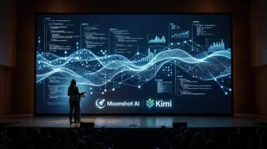 Presenter beside screen with Moonshot AI and Kimi logos, wave for 2.8T parameters and code debate, audience silhouettes.