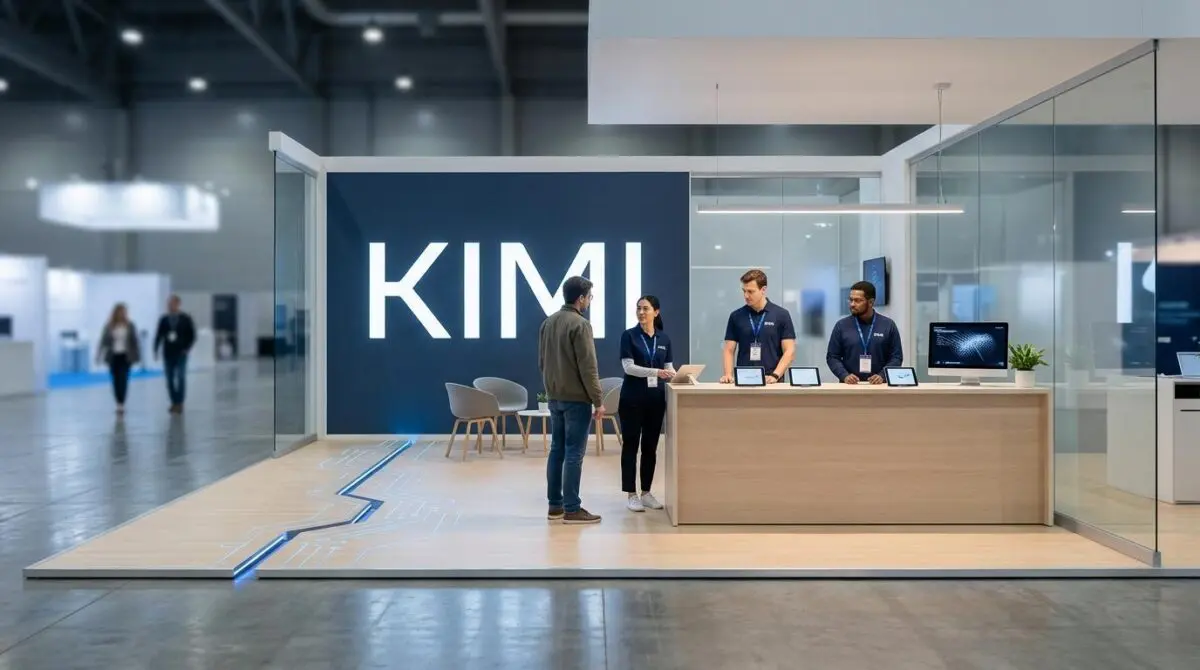 Technology exhibition booth with KIMI lettering, staff at counters, visitors, subtle cyber gap hints from US-UK study.