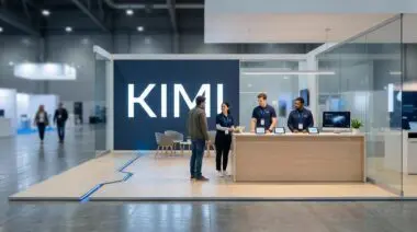 Technology exhibition booth with KIMI lettering, staff at counters, visitors, subtle cyber gap hints from US-UK study.