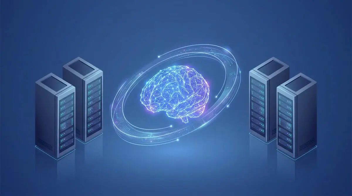 Glowing wireframe brain with holographic rings flanked by four server towers, representing open-source AI rivaling expensive closed models at fraction of cost