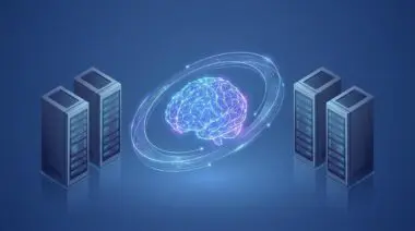 Glowing wireframe brain with holographic rings flanked by four server towers, representing open-source AI rivaling expensive closed models at fraction of cost