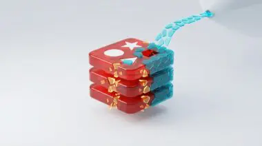 Red layered Redis database logo with geometric shapes representing vulnerabilities exposed by Kimi K3 and patched.