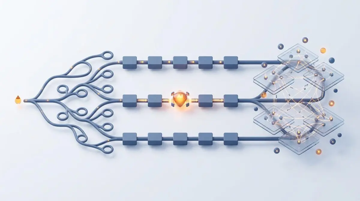 Isometric render comparing automation architectures: linear chain, AI node sequence, complex agent web with data loops in slate blue and amber.