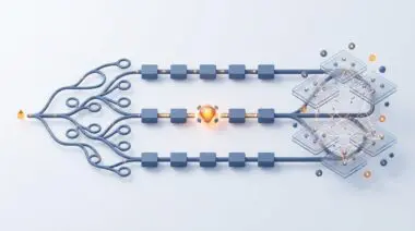 Isometric render comparing automation architectures: linear chain, AI node sequence, complex agent web with data loops in slate blue and amber.