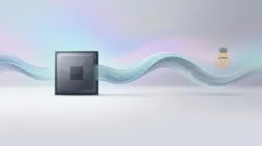 Sleek CPU chip with long flowing data ribbon, old BERT icon fading, representing LiquidAI LFM2.5-Encoders challenging ModernBERT.