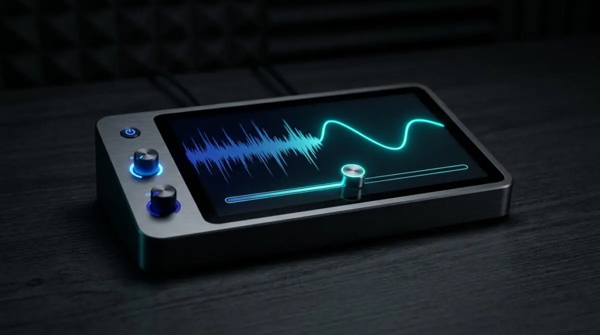 Minimalist 16:9 mockup of digital audio interface with waveform changing from jagged to smooth under slider, symbolizing Lyria 3.5's vocal control.