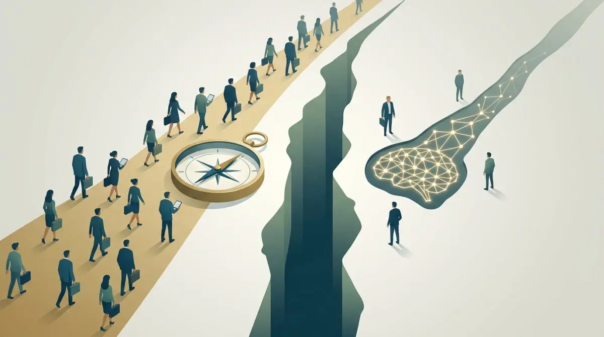 Illustration of business professionals on a traditional path separated from an AI neural pathway by a deep chasm.