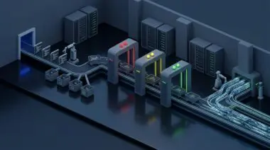 Isometric GPU compiler warehouse for Meta FBTriton sorting commits through L1, L2, L3 gates with lights in data center.