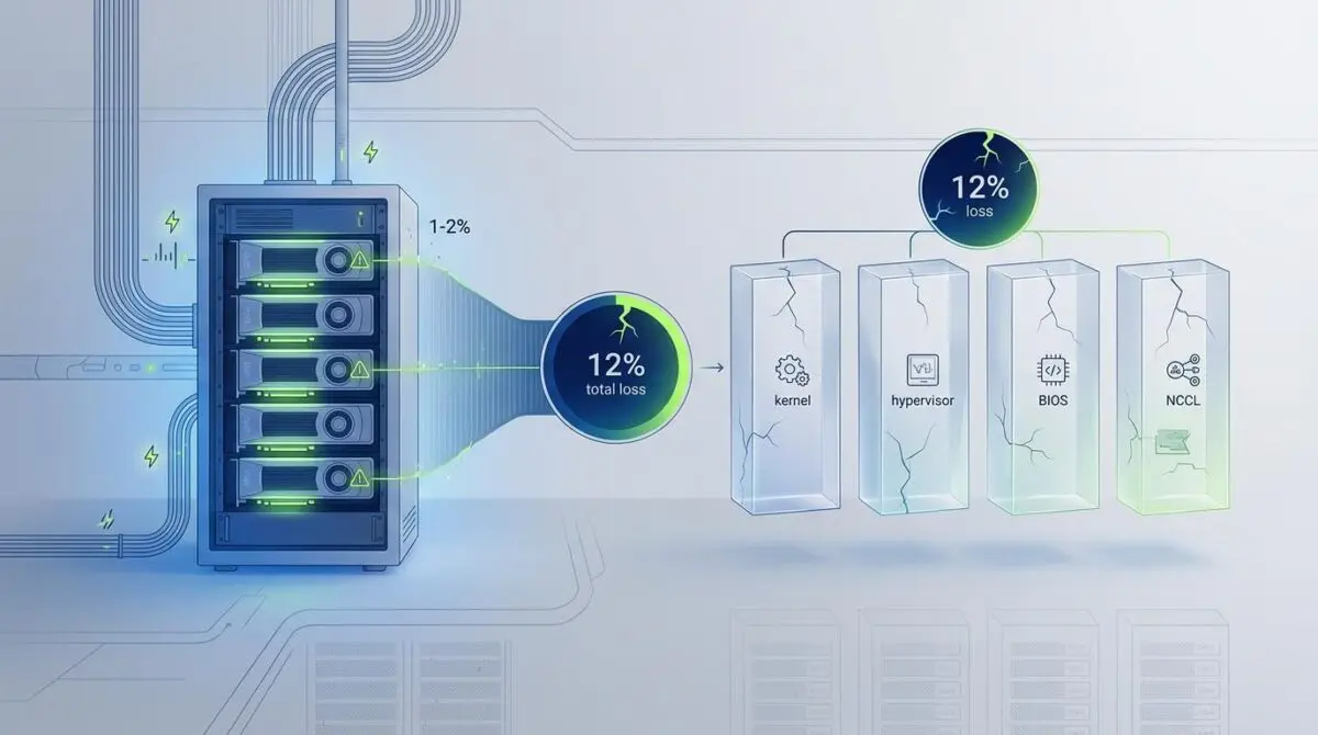 Server rack with GPU nodes showing 1-2% leaks leading to 12% loss, with cracked blocks labeled kernel, hypervisor, BIOS, NCCL.