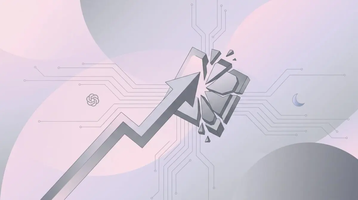 Sleek upward arrow representing a $43B IPO collides with a shattered GPU chip block, surrounded by circuit traces, open-weight model symbol, and crescent moon icon on pastel gray background.