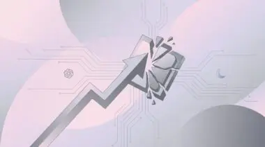 Sleek upward arrow representing a $43B IPO collides with a shattered GPU chip block, surrounded by circuit traces, open-weight model symbol, and crescent moon icon on pastel gray background.
