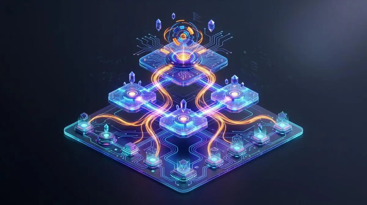 Isometric 3D cache hierarchy for serverless AI with blue platforms, circuit traces, floating crystals, orange energy streams.
