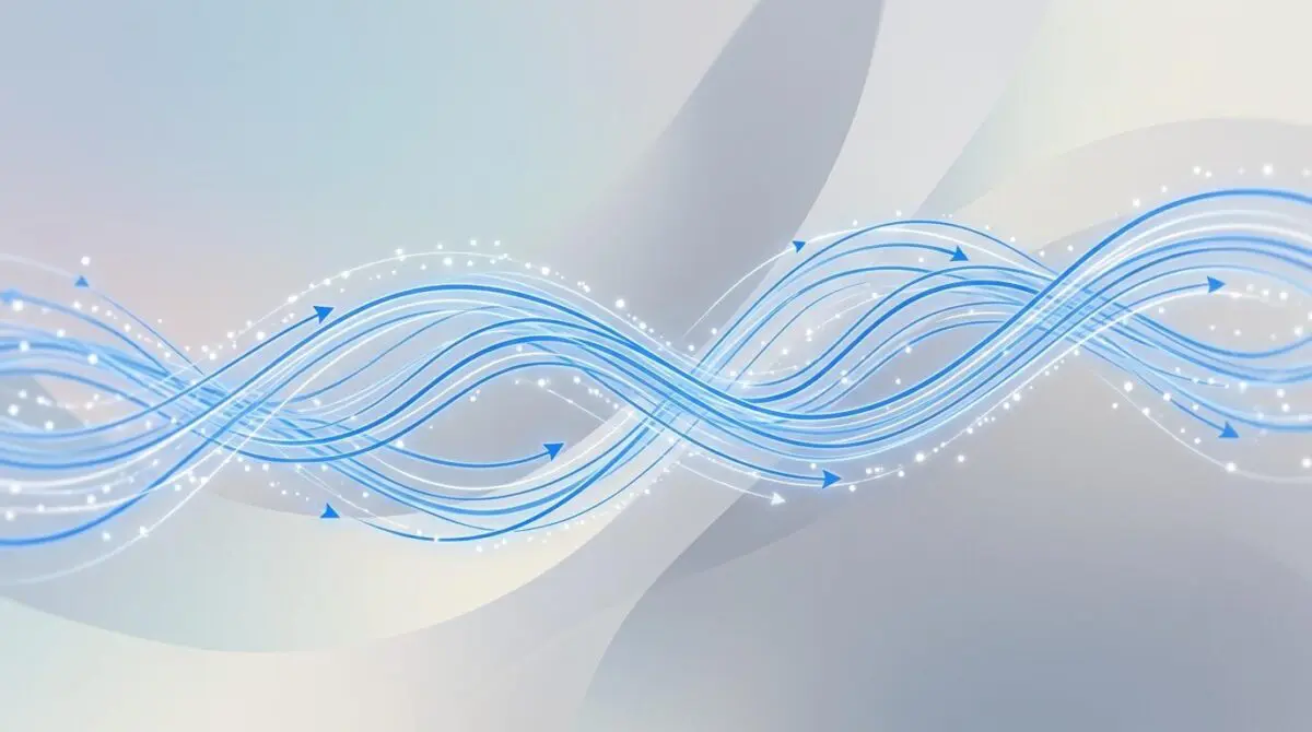 Flowing blue curved lines with arrowheads and white glowing particles on pastel gray background, symbolizing Meta's Muse Spark 1.1 agentic model with 1M token context.