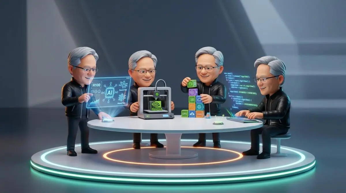 Jensen Huang caricatures glowing ring table, viewing AI harness, 3D printing, stacking blocks, typing code, NOOA Unleashed.