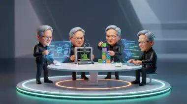Jensen Huang caricatures glowing ring table, viewing AI harness, 3D printing, stacking blocks, typing code, NOOA Unleashed.