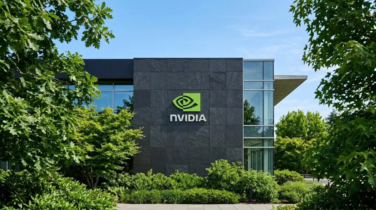 NVIDIA logo on dark stone tiles of facade surrounded by green foliage, symbolizing resilience vs DeepSeek AI chip ambitions.