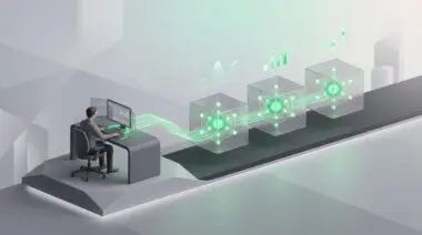 Isometric render of a person at desk, green data lines to three transparent cubes with neural nodes, floating graphs above, representing NVIDIA's rare financial headline pipeline.
