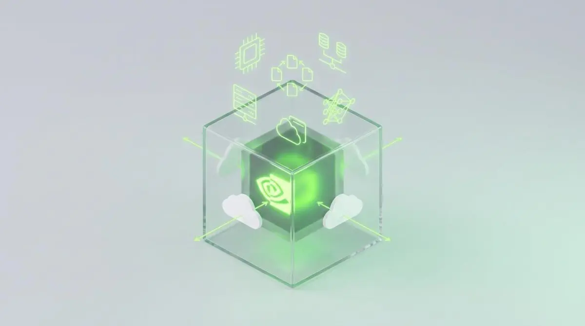 Glowing green NVIDIA logo in glass cube, cloud icons with green arrows, data and network icons floating, representing host offloading breaks GPU memory limit for massive AI models.