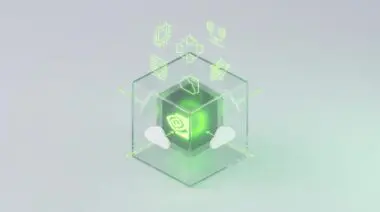 Glowing green NVIDIA logo in glass cube, cloud icons with green arrows, data and network icons floating, representing host offloading breaks GPU memory limit for massive AI models.