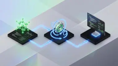 3D isometric workflow with three black platforms, green molecular nodes, gear icon, monitor showing code, connected by blue glowing arrows on pastel background illustrating NVIDIA's LLM design rules.