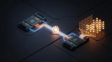 Dark isometric NVIDIA ModelExpress accelerating LLM weight loading via P2P RDMA with glowing pathways and neural layers.