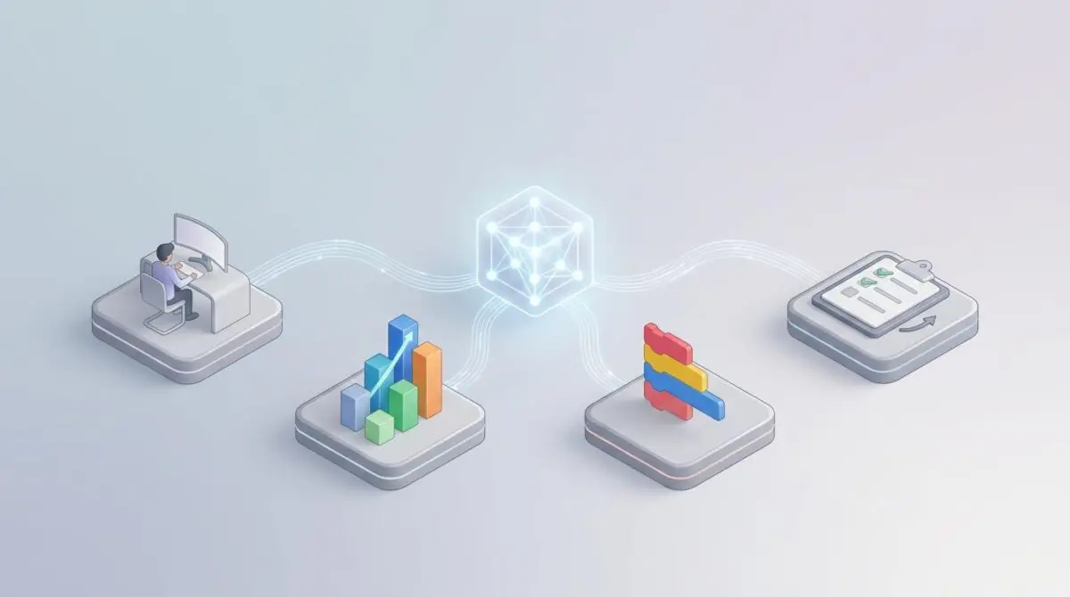 3D isometric glowing neural network cube linked to platforms: person at computer, upward bar chart, coding blocks, clipboard checklist, for NVIDIA NeMo RL workflow