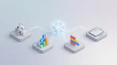 3D isometric glowing neural network cube linked to platforms: person at computer, upward bar chart, coding blocks, clipboard checklist, for NVIDIA NeMo RL workflow