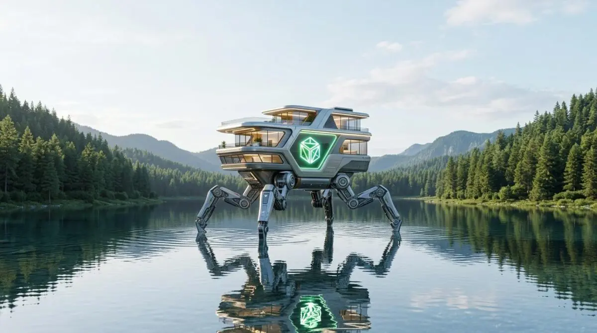 Futuristic multi-legged walking house in lake with glowing NVIDIA OptiX logo for ray tracing debugging techniques and performance profiling.