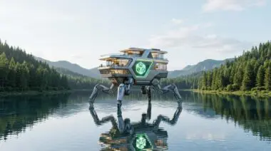 Futuristic multi-legged walking house in lake with glowing NVIDIA OptiX logo for ray tracing debugging techniques and performance profiling.