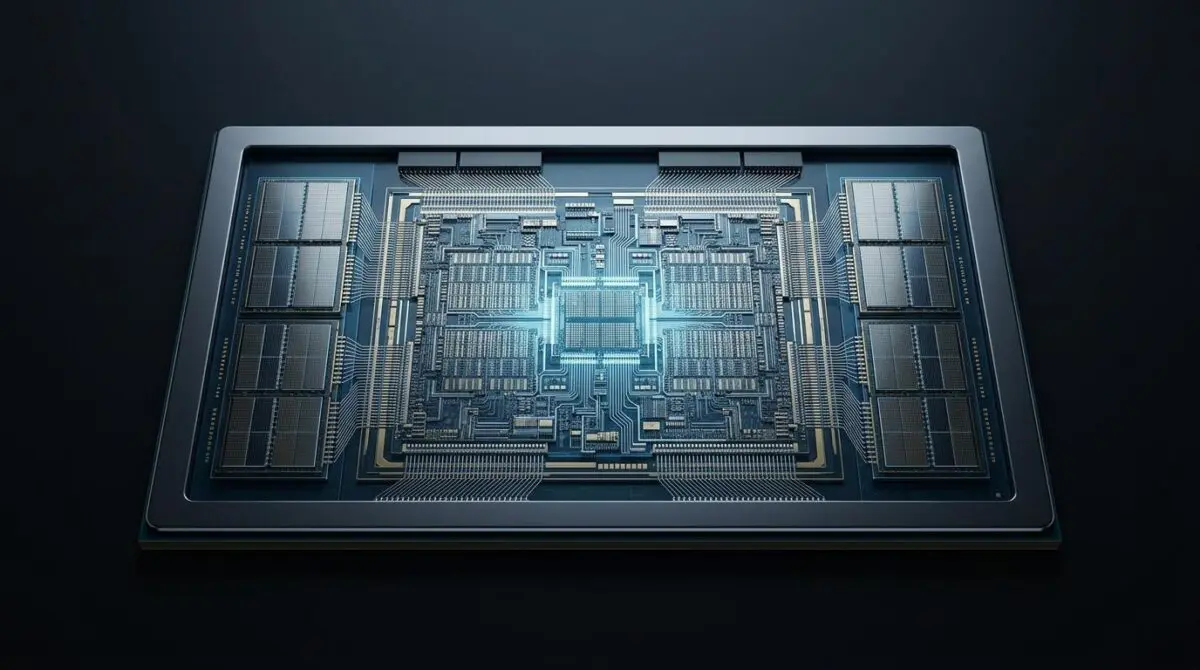 Close-up macro 3D render of NVIDIA Rubin GPU chip with intricate circuit patterns, metallic frame, and HBM4 memory, clean background.