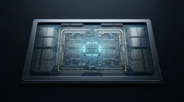 Close-up macro 3D render of NVIDIA Rubin GPU chip with intricate circuit patterns, metallic frame, and HBM4 memory, clean background.