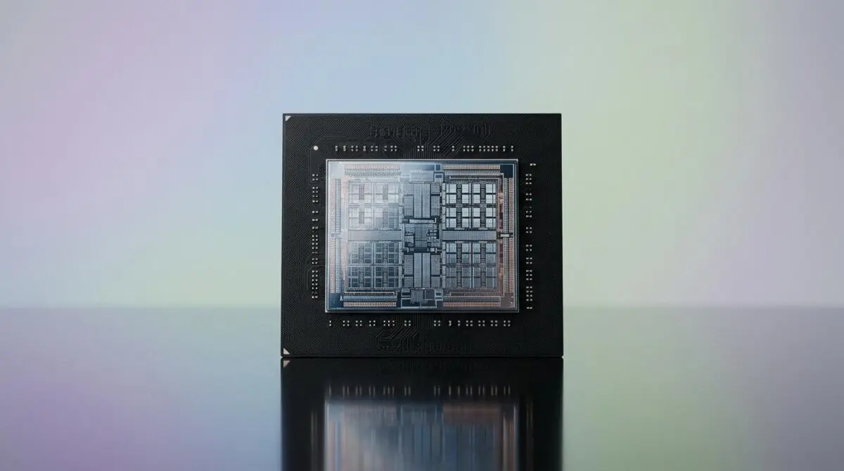 NVIDIA Vera CPU die close-up on black substrate with subtle reflection, symbolizing 1.8x speed boost for agentic AI.