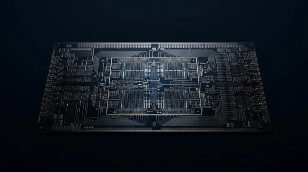 Macro shot of a microchip with intricate die layouts, representing the NVIDIA Vera CPU Olympus core's single-thread dominance for AI agents.