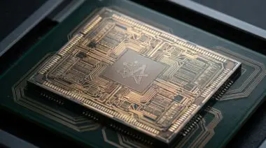 Macro close-up of NVIDIA Vera CPU die for AI agents, intricate circuitry, central logo, subtle reflection on clean surface