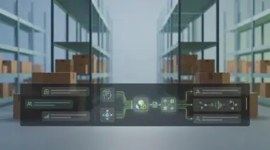 Warehouse interior with shelving and boxes overlaid by a dark UI interface where NVIDIA nanousd-labs AI agents generate lightweight USD runtimes.
