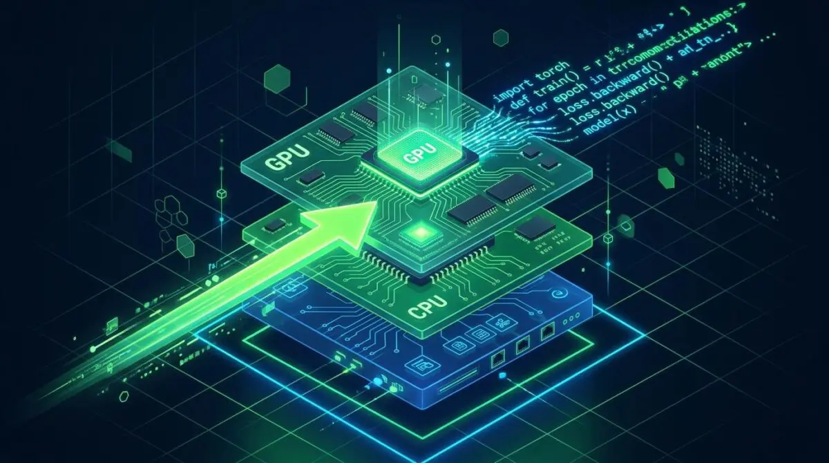 Luminous arrow piercing stacked CPU, GPU, and network layers with Python code merging into glowing GPU chip, neon green and deep blue isometric grid