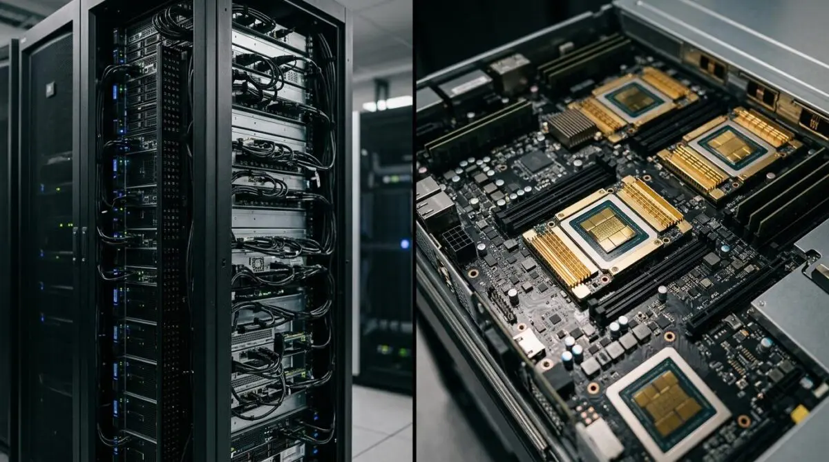 Split-screen view of server rack and DGX blade with gold processors, showing NVLink 6.0's 3.6 TB/s GPU AI factory economics.