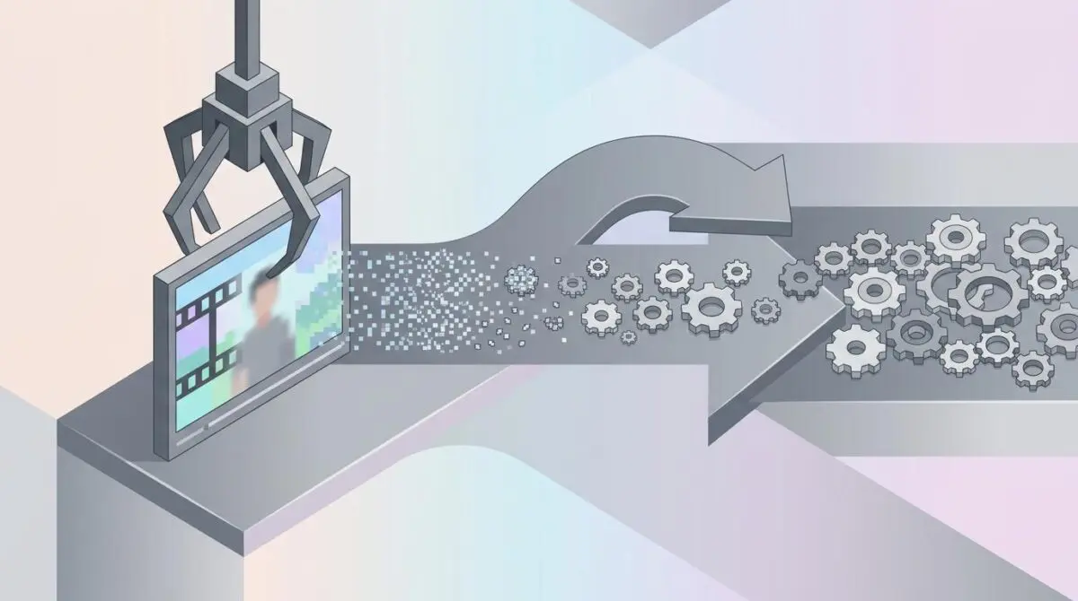 Isometric claw lifts video frame into arrow, pixels turn to gears, symbolizing NemoClaw enterprise AI transforming video analytics into automated action.