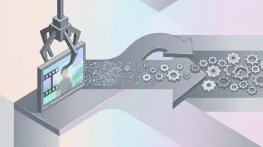Isometric claw lifts video frame into arrow, pixels turn to gears, symbolizing NemoClaw enterprise AI transforming video analytics into automated action.